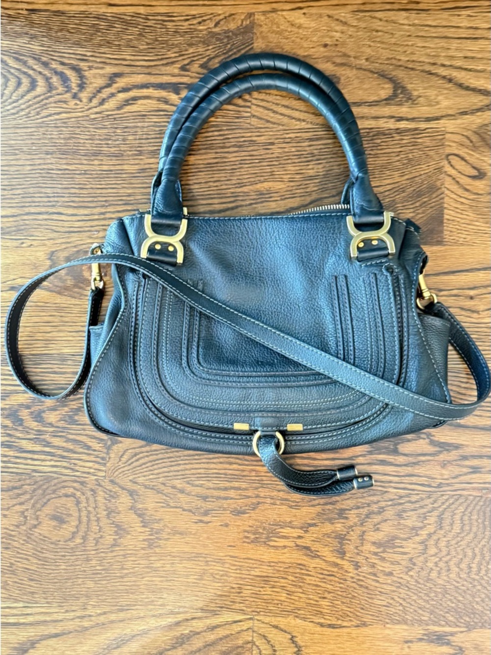 Chloé Black Leather Marcie Satchel Bag with Gold Hardware